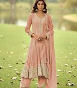 Peach embroidered faux georgette anarkali suit free size stitched 42