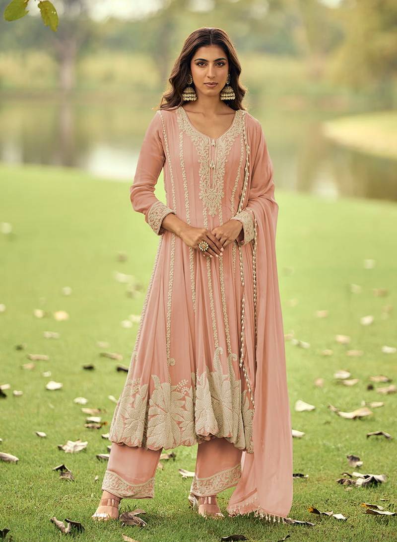 Peach embroidered faux georgette anarkali suit free size stitched 42