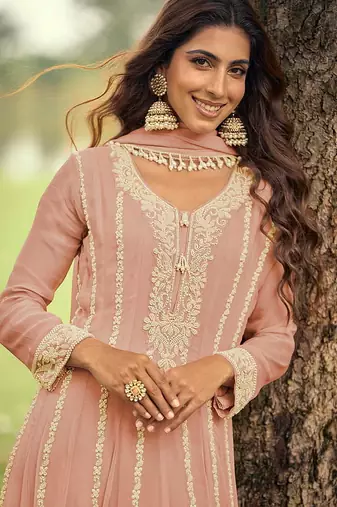 Peach embroidered faux georgette anarkali suit free size stitched 42