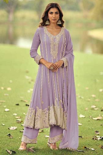 Lavender embroidered faux georgette anarkali suit free size stitched 42