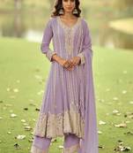 Lavender embroidered faux georgette anarkali suit free size stitched 42