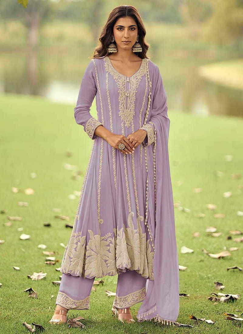 Lavender embroidered faux georgette anarkali suit free size stitched 42