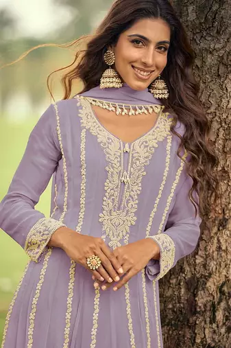 Lavender embroidered faux georgette anarkali suit free size stitched 42