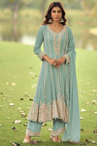 Aqua blue embroidered faux georgette anarkali suit free size stitched 42