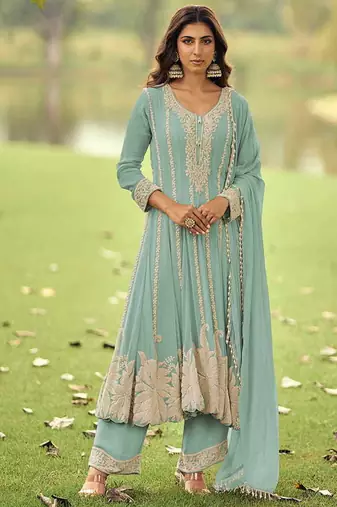 Aqua blue embroidered faux georgette anarkali suit free size stitched 42