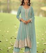 Aqua blue embroidered faux georgette anarkali suit free size stitched 42