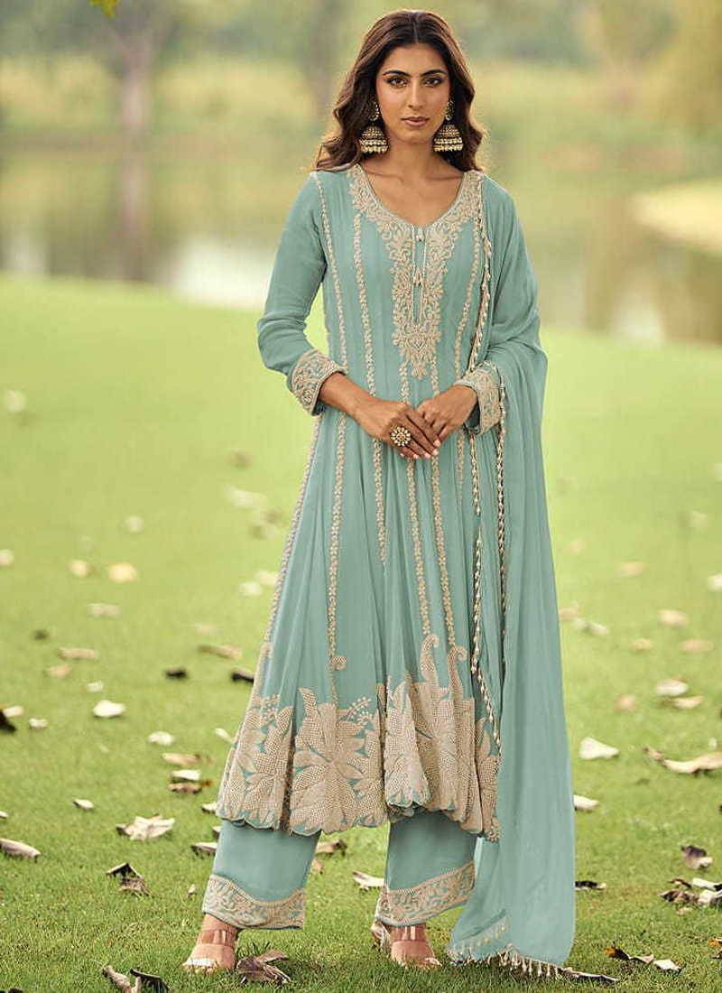 Aqua blue embroidered faux georgette anarkali suit free size stitched 42