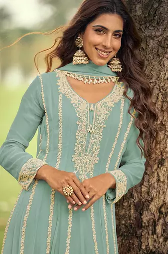 Aqua blue embroidered faux georgette anarkali suit free size stitched 42