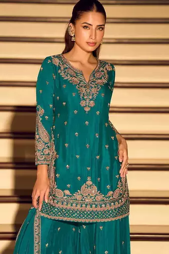 Teal chinon silk embroidered palazzo suit free size stitched 42