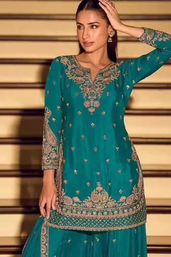 Teal chinon silk embroidered palazzo suit free size stitched 42