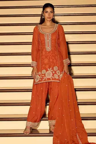 Orange chinon silk embroidered palazzo suit free size stitched 42