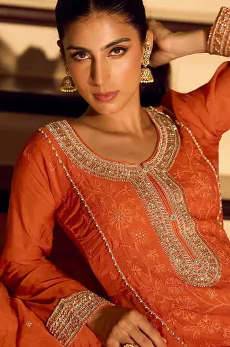 Orange chinon silk embroidered palazzo suit free size stitched 42