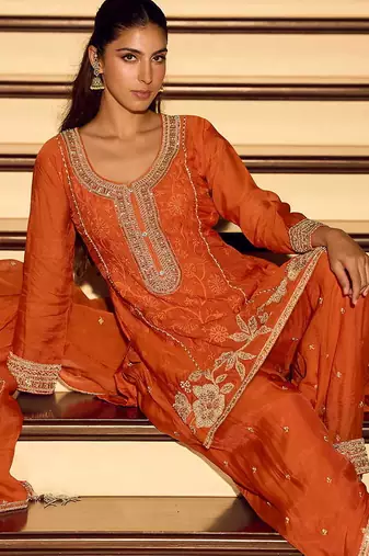 Orange chinon silk embroidered palazzo suit free size stitched 42