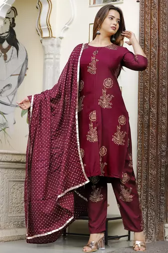 wine rayon printed kurta sets