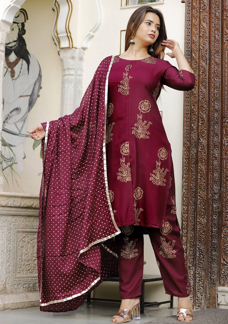 wine rayon printed kurta sets