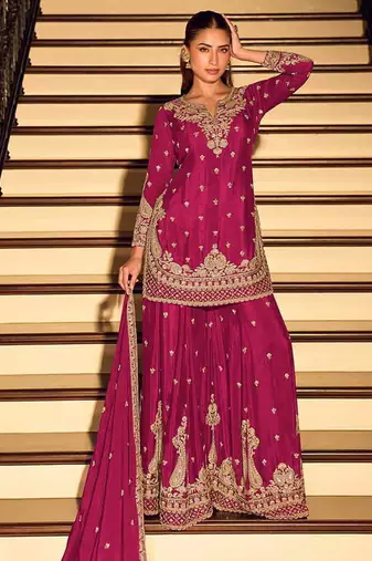 Rani pink chinon silk embroidered palazzo suit free size stitched 42