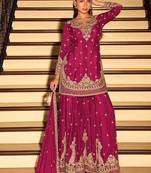 Rani pink chinon silk embroidered palazzo suit free size stitched 42