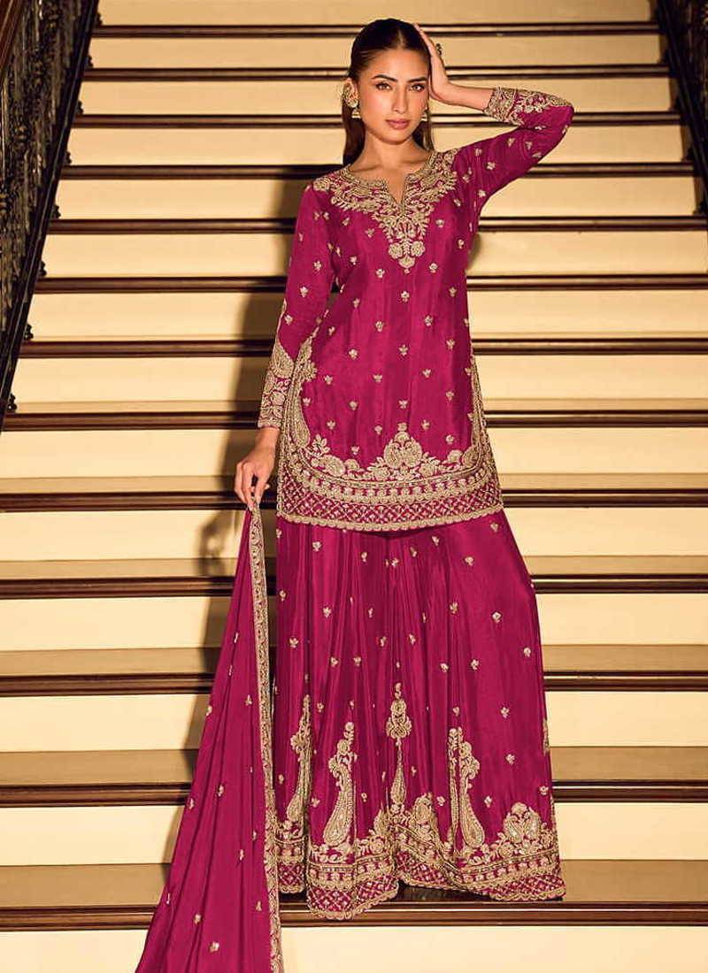 Rani pink chinon silk embroidered palazzo suit free size stitched 42