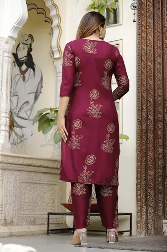 Women's rayon handblock floral printed ethnic a-line India Casual kurti with pant & dupatta set