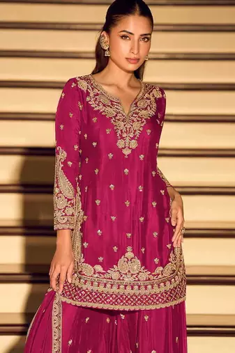 Rani pink chinon silk embroidered palazzo suit free size stitched 42