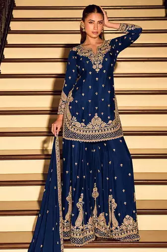 Navy blue chinon silk embroidered palazzo suit free size stitched 42