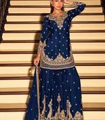 Navy blue chinon silk embroidered palazzo suit free size stitched 42