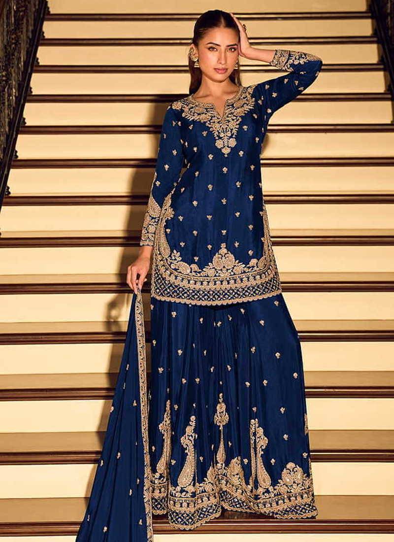 Navy blue chinon silk embroidered palazzo suit free size stitched 42