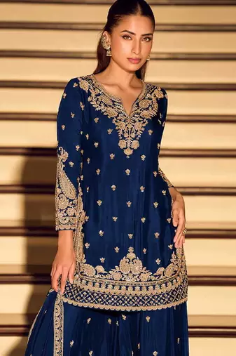 Navy blue chinon silk embroidered palazzo suit free size stitched 42