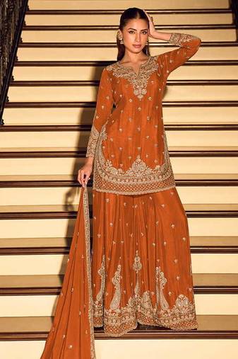 Orange chinon silk embroidered palazzo suit free size stitched 42