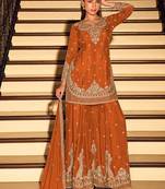 Orange chinon silk embroidered palazzo suit free size stitched 42