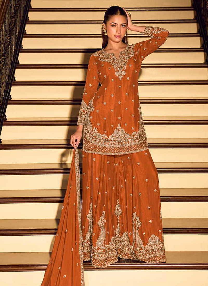 Orange chinon silk embroidered palazzo suit free size stitched 42