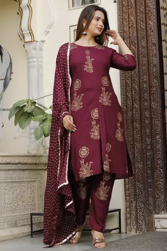 Women's rayon handblock floral printed ethnic a-line India Casual kurti with pant & dupatta set