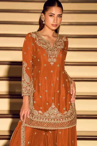 Orange chinon silk embroidered palazzo suit free size stitched 42