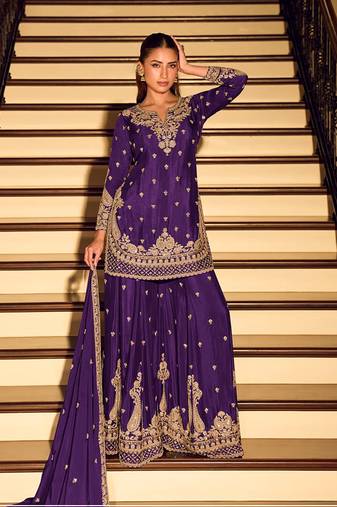 Purple chinon silk embroidered palazzo suit free size stitched 42