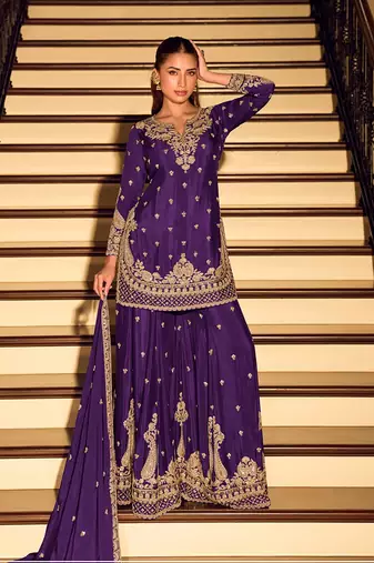 Purple chinon silk embroidered palazzo suit free size stitched 42