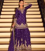 Purple chinon silk embroidered palazzo suit free size stitched 42