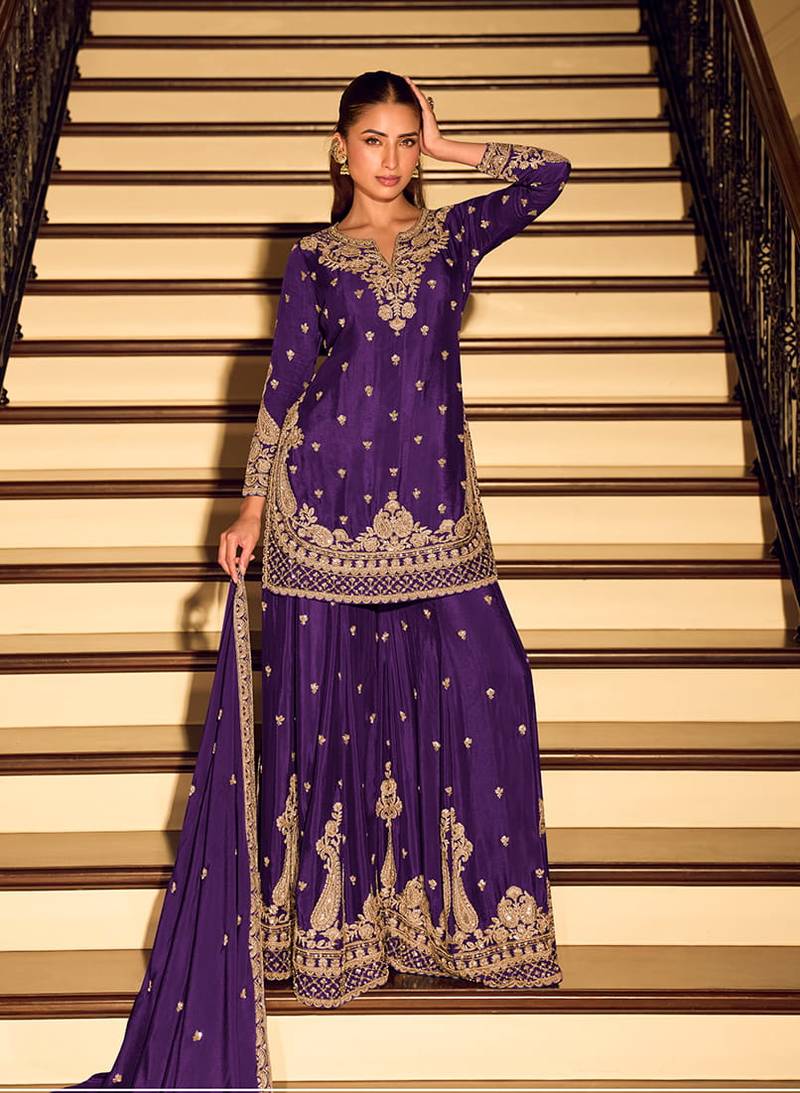 Purple chinon silk embroidered palazzo suit free size stitched 42