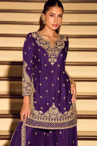 Purple chinon silk embroidered palazzo suit free size stitched 42