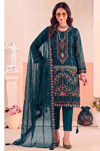 Teal blue pakistani crunchy silk heavy salwar kameez for women
