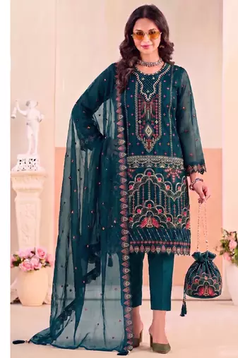 Teal blue pakistani crunchy silk heavy salwar kameez for women