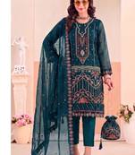 Teal blue pakistani crunchy silk heavy salwar kameez for women