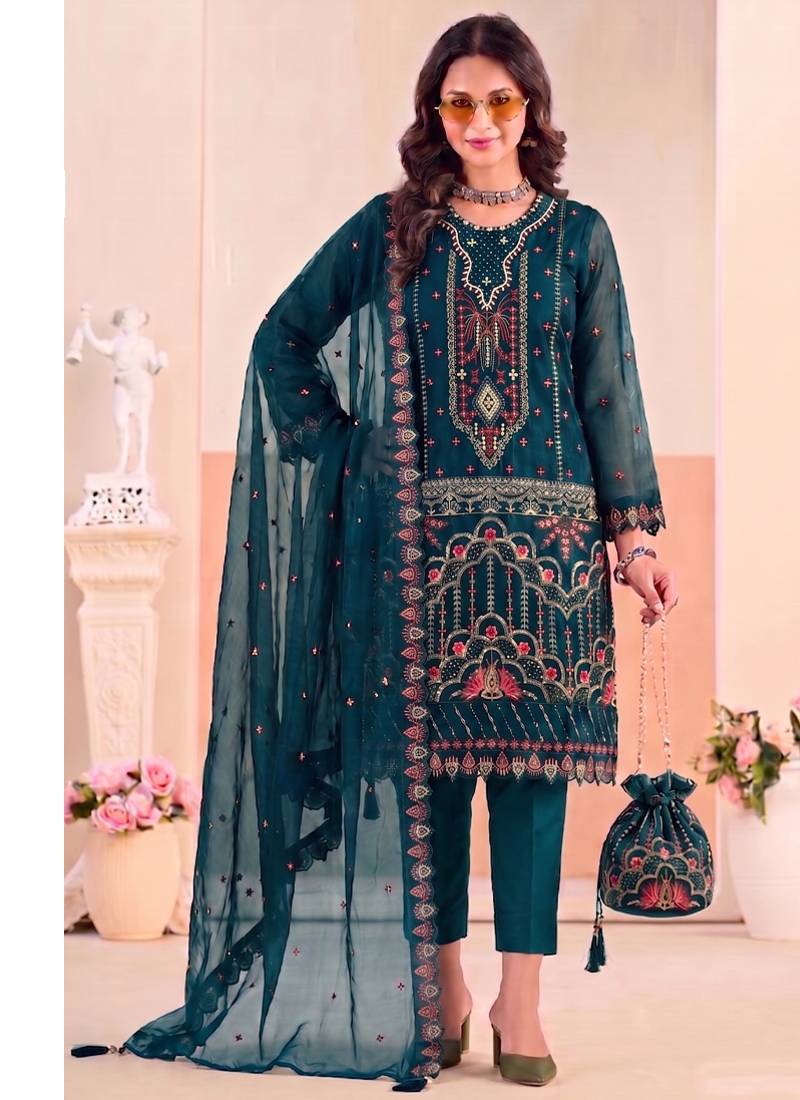 Teal blue pakistani crunchy silk heavy salwar kameez for women