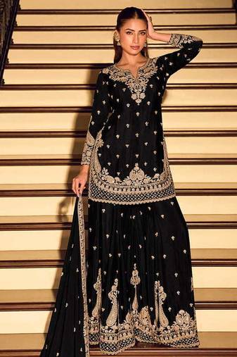 Black chinon silk embroidered palazzo suit free size stitched 42