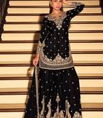 Black chinon silk embroidered palazzo suit free size stitched 42