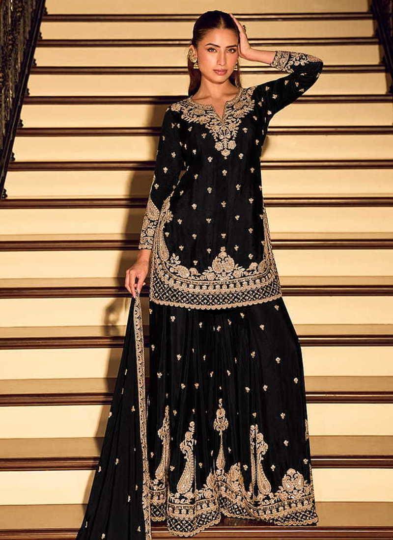 Black chinon silk embroidered palazzo suit free size stitched 42