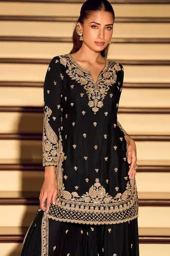 Black chinon silk embroidered palazzo suit free size stitched 42