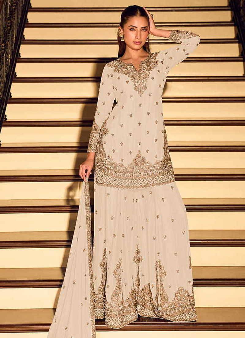 Off white chinon silk embroidered palazzo suit free size stitched 42
