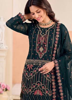 Teal blue pakistani crunchy silk heavy salwar kameez for women 2