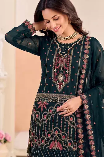 Teal blue pakistani crunchy silk heavy salwar kameez for women