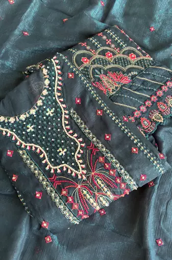 Teal blue pakistani crunchy silk heavy salwar kameez for women